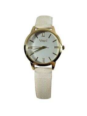 Vivani Faux Leather Cream Fabric Band Womens Wrist Watch White Face Stainless
